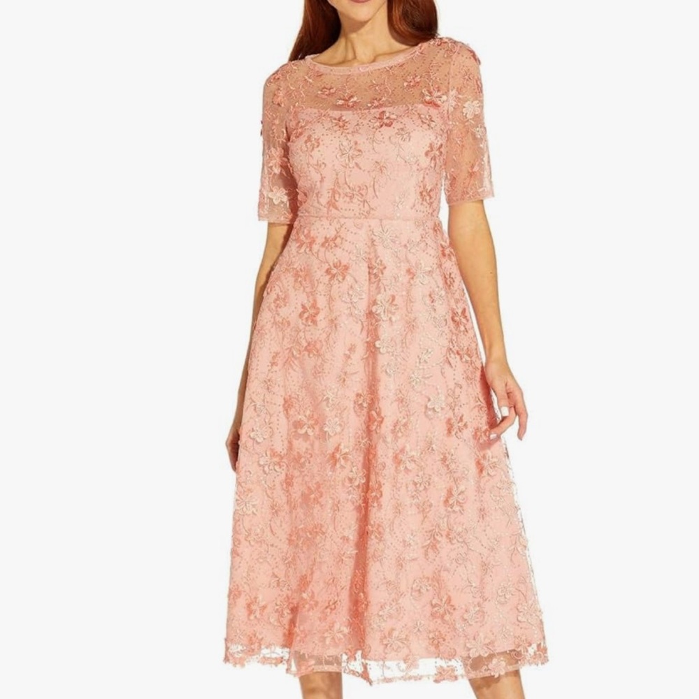Adrianna Papell Pink Blush Peach Floral Embroidered Midi Dress Formal Cocktail